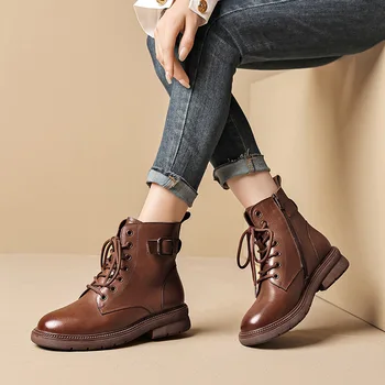 2022 г. Висококачествени дамски обувки от волска кожа, есен-зима, ботильоны нисък квадратен ток, дамски ботуши с цип с шнур, размер 35-41