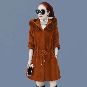 2023 Новата есенно-зимно дамско яке от кадифе с имитация на минк, модерни дневни вълна палто с качулка, женски тънка горна дреха е със средна дължина, дамски блузи
