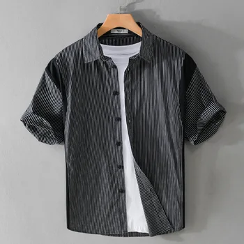 716 Пролетно-лятна тънка риза, модни лоскутная черна раирана красива младежка риза с къс ръкав, ежедневни свободни класически мъжки потник