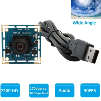 ELP1.0 мегапикселова CMOS OV9712 170 Градуса Широка Камера за Видеонаблюдение Micro Usb Fisheye с Аудиомикрофоном за Android Linux на Windows