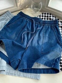 FTLZZ, нови летни дамски ежедневни разтеглив дънкови къси панталони с висока талия, дамски модни обикновена преки, къси панталони с широки штанинами дантела