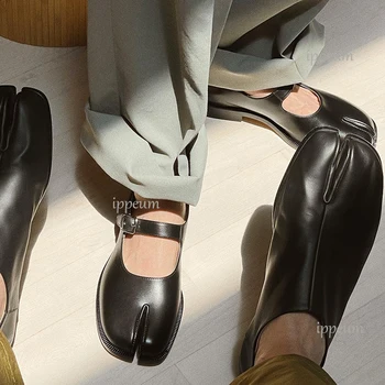 IPPEUM/ дамски обувки-täby на равна подметка с отворени пръсти, Черни кожени Лоферы Mary Jane Кафяв цвят, Размер 40 täby обувки