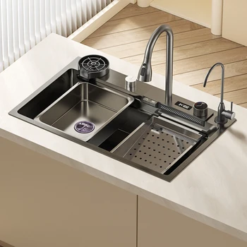 Kitchenware Цифров мивка с водопад, кухненска мивка, мивка за измиване на съдовете от неръждаема стомана, мултифункционален голям резервоар за една