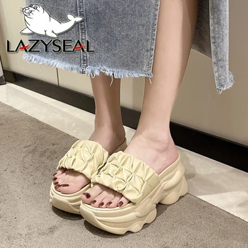 LazySea Дамски сандали на танкетке височина 8 см, джапанки, плиссированный надмощие, обикновен дамски чехли на платформа, външна дамски обувки