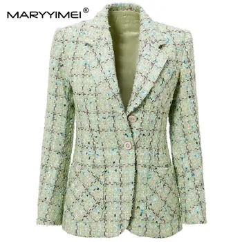 MARYYIMEI/ нова мода есен яке с високо качество, однобортный отложной яка, джобове, клетчатая зелена къса яке за партита