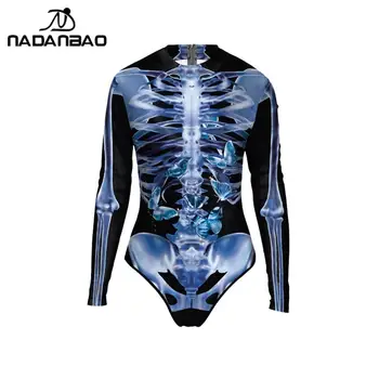 NADANBAO 2023 Хелоуин Принт на скелета, за плуване, гмуркане, едно парче бански с дълъг ръкав, дамски бански костюми, бански, бански за сърф