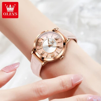 OLEVS 5539, модерен стил, висококачествени ежедневни дамски ръчен часовник с каишка от естествена кожа за млади момичета, кварцов водоустойчиви часовници за жени