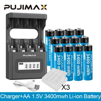 PUJIMAX 4-слотное LCD-Интелигентно Зарядно Устройство Type C За зареждане + AA1.5V 3400mWh Акумулаторна Литиева Батерия С Кутия За Будилник