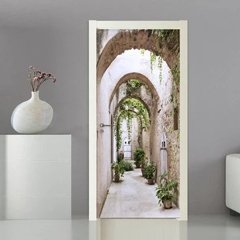 PVC самозалепващи водоустойчив стенни тапети, Модерни 3D Стерео арка стикер на вратата със зелен лист Дневна Спалня Papel De Parede
