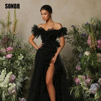 SONDR Модерна черна вечерна рокля без презрамки 2023, разреза отстрани, с открити рамене, тюлевые на няколко нива, рокли за абитуриентски бал, Robe De Soirée по поръчка