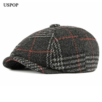 USPOP Мъжки шапки Зимни барети клетчатая вълнена шапка-барета мъжки реколта шапки с козирка дебела военна шапка
