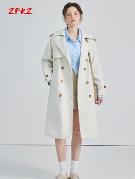 ZPKZ бял двубортный женски тренч, ежедневни яке, ново, стилно свободно палто в английски стил с дълги ръкави
