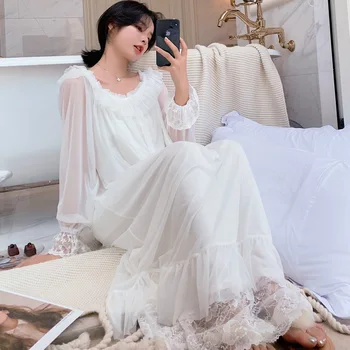 Бели дамски пижами, сексуална модальная нощница с дълъг ръкав, пуловер, сладко нощно облекло, без пижама принцеса, нощно лятна рокля