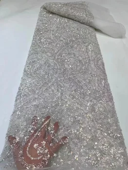 Бял младоженеца Бродирани мъниста лейси кърпа 5 ярда 2023 Висококачествена бродерия пайети Африкански дантела Нигерийски сватбен материал за шиене Asoebi
