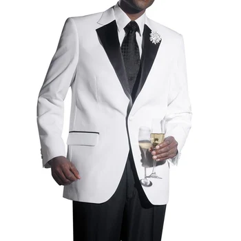 Бяла Официална Сватба Смокинг за Младоженеца, Мъжки Костюми от 2 теми с Черни Панталони, Печени на Ревера, Мъжки Модерен Комплект Поръчкови, Яке за Младоженеца