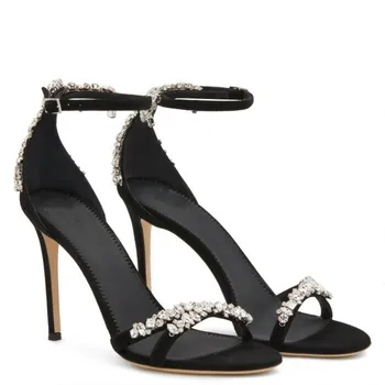 Висококачествена лятна новост 2023 година от кожа с черни диаманти за дамите, изискана луксозни обувки на висок ток, дамски обувки, обувки за сватба