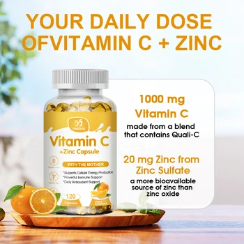 Витамин С с цинк 1000 мг витамин С и 20 мг цинк за подпомагане на имунната система, мощен антиоксидант и генериране на енергия