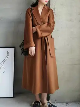 Водна вълна, двустранно палто от 100% вълна, женски халат, стил 2023, есен/зима, свободни дълги вълнени якета дантела, с завязками