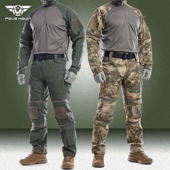 Военни тактически комплекти, мъжки камуфляжные улични спортни костюми с множество джобове, мъжки дишаща тениска с дълъг ръкав + панталони-cargo