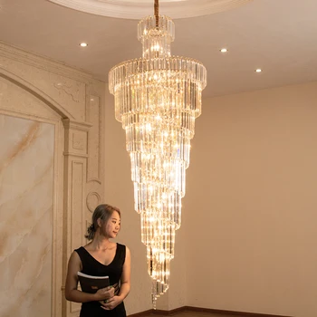 Голям полилей Луксозен кристална окачен лампа K9 за вили, стълбите на хотела, iron художествен лампа, интериор за дневната, окачена лампа