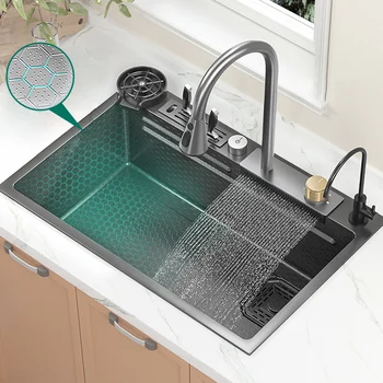 Голяма мивка с отпечатан под формата на сот Кухненска мивка от неръждаема стомана мивка с водопад Домакински мивка мивка за измиване на съдовете за кухни