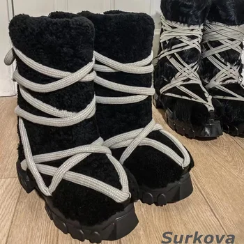 Дамски ежедневни зимни обувки на плоска подметка с кръгло бомбе, топло обувки на среден ток, плюшени зимни обувки с преминаването каишка на дебела подметка, зимните модни обувки в стил ретро