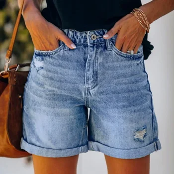 Дамски ежедневни свободни еластични дънки с висока талия, широки директни къси дънки, градинска дрехи, лято 2023, дънкови къси панталони големи размери, дамски ежедневни панталони в стил инди