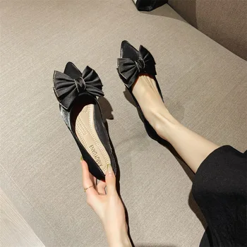 Дамски обувки на плоска подметка с бантиком и остри пръсти, обикновена елегантни дамски обувки на плоска подметка, женски туристическите обувки с мека подметка, удобни за носене 35-43