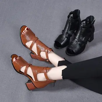 Дамски сандали на висок ток, 2023 нова лятна обувки с рибено уста, римски сандали с дебел ток, с цип отзад, обикновена ежедневни дамски сандали