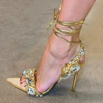 Дамски сандали на висок ток с остър пръсти, секси сандали с каишка на щиколотке, златни сандали, дамски официални обувки за нощен клуб, сватбени обувки с кристали и диаманти