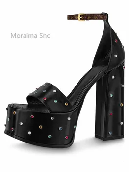 Дамски сандали на платформа с кристали, черни кожени сандали на масивна ток, модни дамски сандали на много висок ток, обувки за нощен клуб, дамски обувки