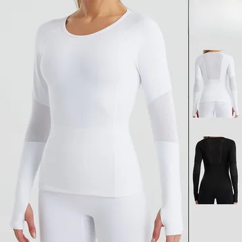 Дамски черни и бели дрехи за йога, нова высокоэластичная бързосъхнеща тениска с дълъг ръкав за бягане, аеробика, културизъм, спортно облекло