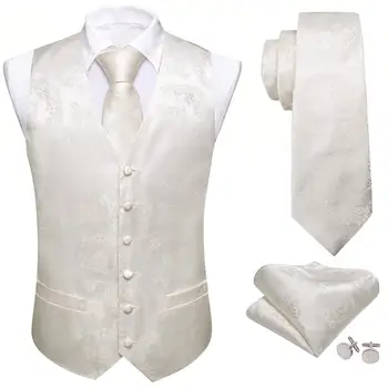 Дизайнерски жилетка за мъжете, расшитый коприна с цвят на слонова кост, бял, с петна Пейсли, оборудвана жилетка, комплект за вратовръзки, сватбен бизнес на мъжки костюм Бари Уонг