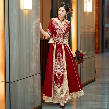 Елегантно облекло за наздравици Qipao на булката, Източен изискан банкет, стилна сватбена рокля, лъскави пайети, beading, четката, Чонсам