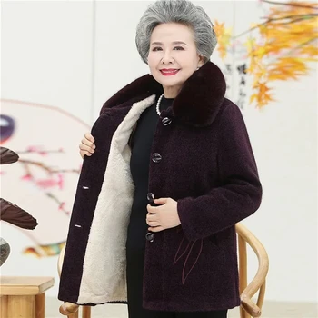 Жена бархатное вълна палто от изкуствена норка на средна възраст, руното яке за мама, зимни дебели топли паркове за баба, вълнена горна дреха