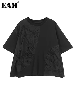 [ИАЛ] Женска Черна плиссированная тениска голям Размер Неправилна форма, Нова тениска С кръгло деколте и къс ръкав, Мода приливи и отливи, Пролет-Лято 2023 1DF8188
