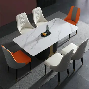 Лесен Луксозна маса за хранене е от каменни плочи за малък апартамент за 6 души, креативен в скандинавски стил, модерен минималистичен жилищен дом