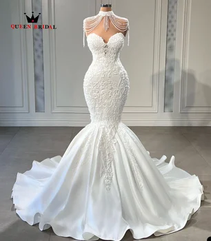 Луксозна сватбена рокля на Русалка с перли и кристали, дантелени апликации във формата на сърце, булчинска рокля с отворен гръб, без ръкави, вечерна рокля ZX02