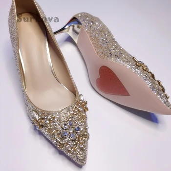 Луксозни Сватбени Обувки, цвят Шампанско със Златни Кристали, Дамски Чанти В тон, Вечерни Обувки-лодка на висок Ток с Остър пръсти, Обувки под формата на Любов
