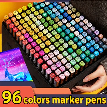 маркери Дръжка-маркер 96 цвята, писалка за рисуване с двоен фитил, двупосочен скица, 168 маркери, качествена дръжка-маркер с широк и тънък фитил