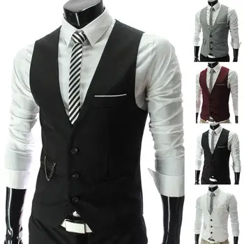 Модерен мъжки жилетки, жилетка, монофонични сако с V-образно деколте, без ръкави, копчета с големи размери, на официална бизнес яке, жилетки