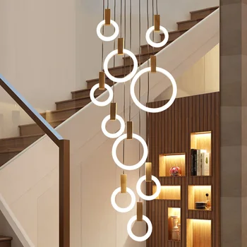 Модерните висящи лампи Halo LED хол, окачена лампа под формата на дървени халки, спалня, акрилни украса за стълби, висящи лампа в стил loft