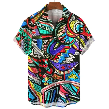 Мъжка риза, хавайски ризи, блузи впечатлява със своя бохемски стил, лятна ежедневни риза, свободна мъжки дрехи оверсайз, улични ризи в стил хип-хоп с къс ръкав