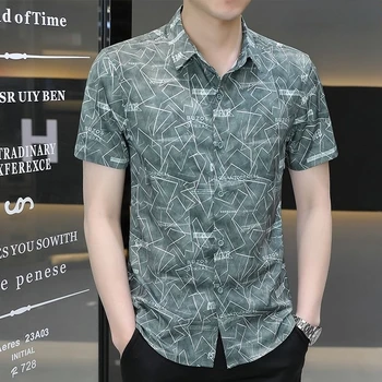Мъжки блузи с къс ръкав, ризи и блузи с принтом, обикновен корейски стил, двустаен, обзаведен луксозно облекло