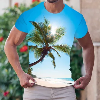 Мъжки проста личност, модни и ежедневни хавайски памучен тениска с кръгло деколте и къс ръкав с фин принтом, мъжки дрехи в разговорния стил