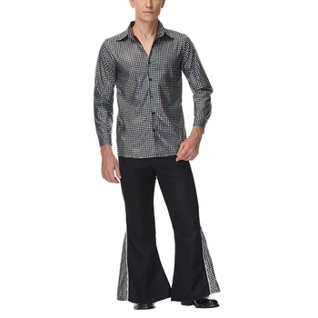 Мъжки реколта разкроена панталони, ризи с дълъг ръкав, комплект стилни ризи за дискотеки 70-те години на 90-те години, мъжки танцов костюм на певицата Homme XL