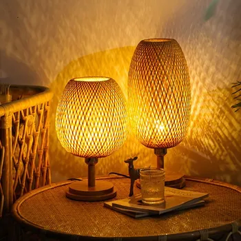 Настолна лампа от бамбуково плетене, led ретро дървена нощна лампа с потъмняване, настолна лампа за бар, декориране на спалня, дневна, кабинет вътрешни тела
