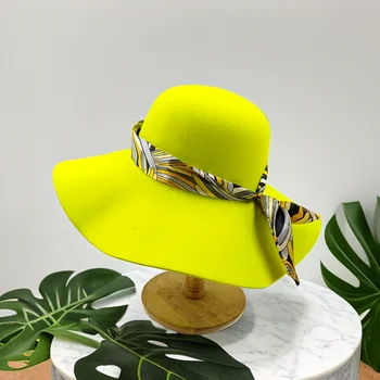Новата куполна флуоресцентно жълто фетровая шапка от изкуствена вълна с лък, дамски фетровая шапка с голяма периферия, вечерна шапка с голяма периферия, сомбреро mujer chapeau femme