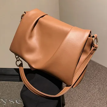 Нови чанти през рамо с клапа за жени, плиссированная чанта през рамо от мека кожа, универсална чанта-месинджър, дамски брандираната дизайнерска чанта-торба