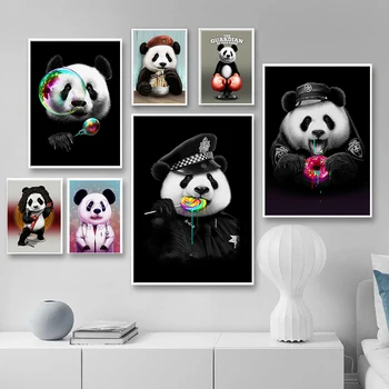 Плакат със сладък пандой, храна на клечка, кунг-фу, панда, животни, стенно изкуство, декорация на дома, естетически кавайный декор за стаята, плакати, върху платно